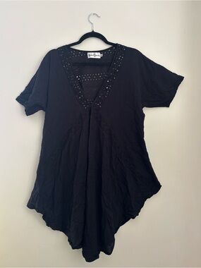 Black Eyelet V-Neck Tunic Top